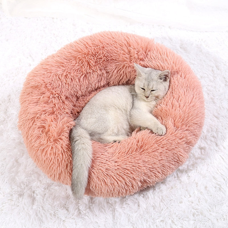 Cozy, round cat bed with a high raised rim, ideal for pet comfort and sleep