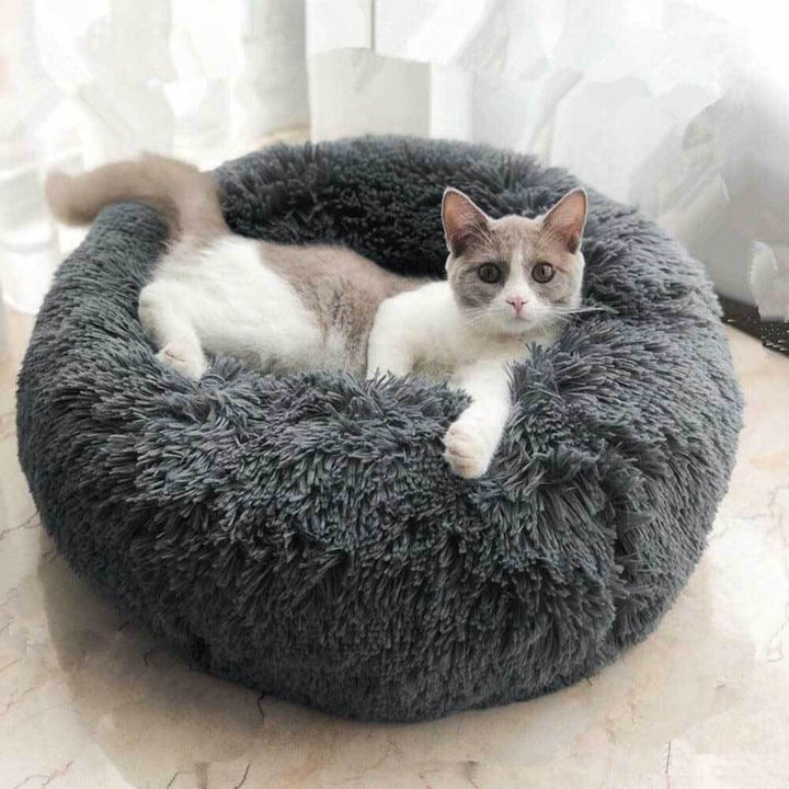 Luxury plush cat bed, non-slip base, and supportive raised rim for deep sleep