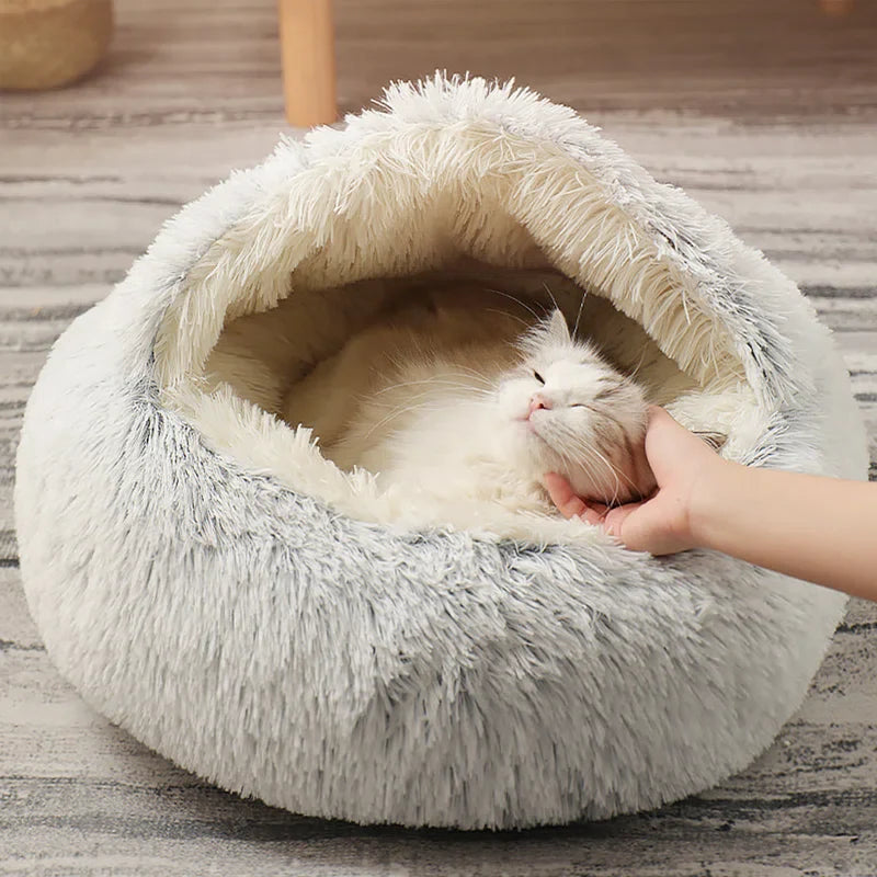 Calming cat nest bed in a modern living room setting, perfect for indoor pet relaxation