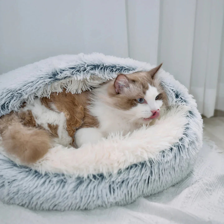 Close-up of the plush material of the calming cat bed, showcasing its soft texture