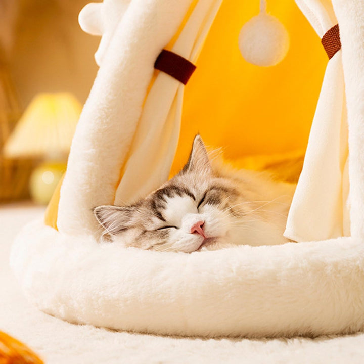 Feline comfort cat bed and hideout, a plush soft tent offering a secure and warm pet accessory.