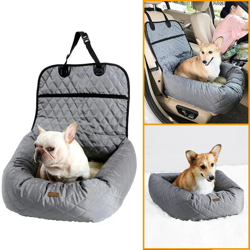 Plush grey dog car seat bed with safety straps, perfect for pet travel comfort