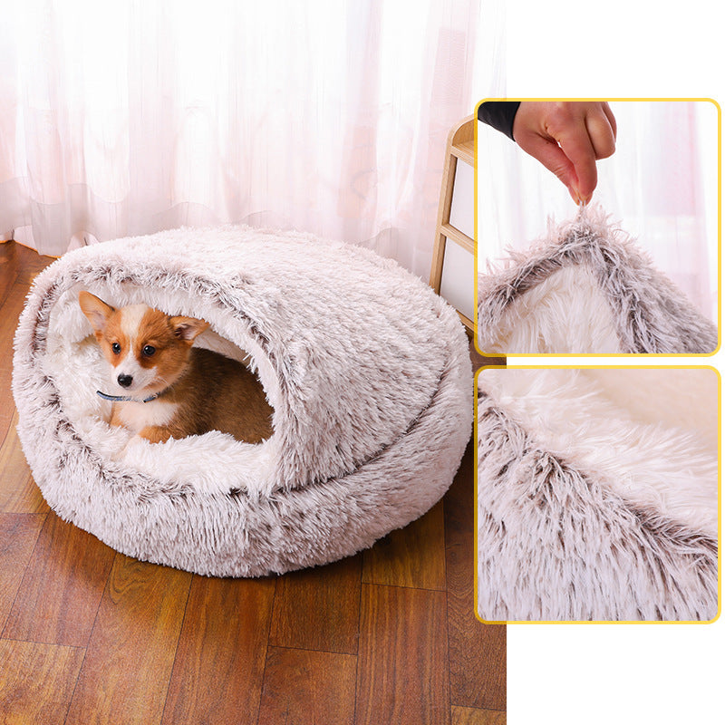 Side view of the anti-anxiety dog/cat bed, demonstrating its thick, supportive cushioning, faux fur.