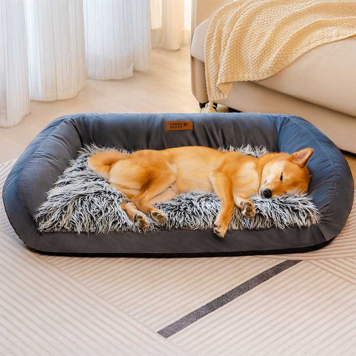 Detail of the bolster on the fluffy dog bed, showing its soft padding and supportive structure.