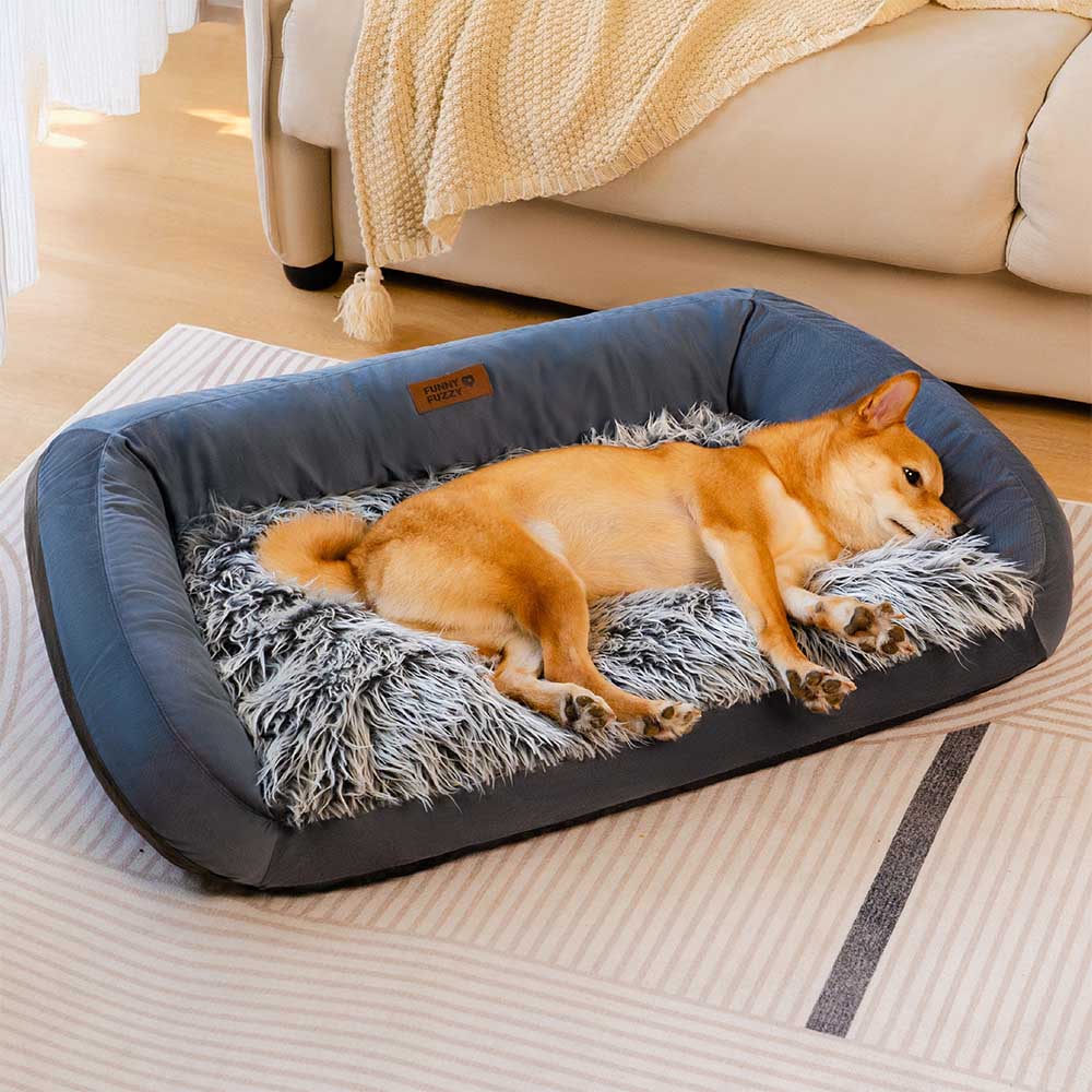 Empty fluffy dog sofa bed, ready for a pet to enjoy its cozy and comfortable space.