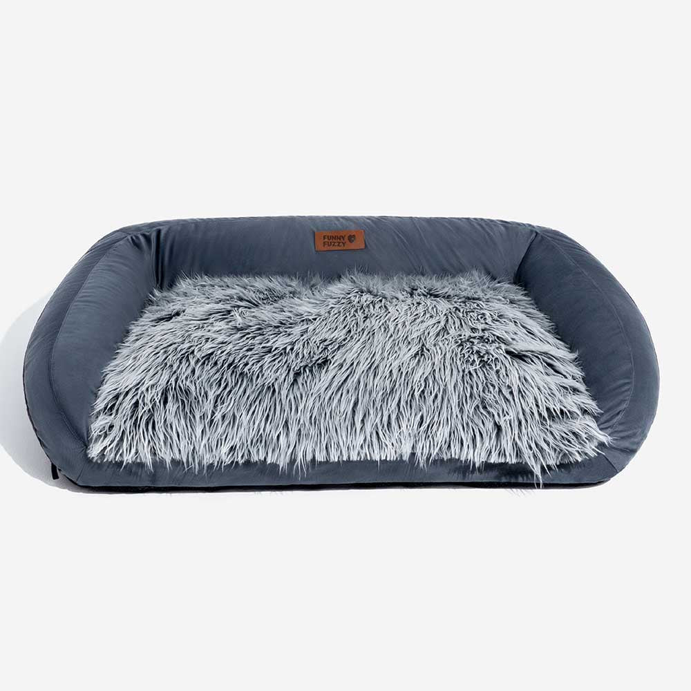 Packaging image of the washable fluffy dog sofa bed, emphasizing its convenience.