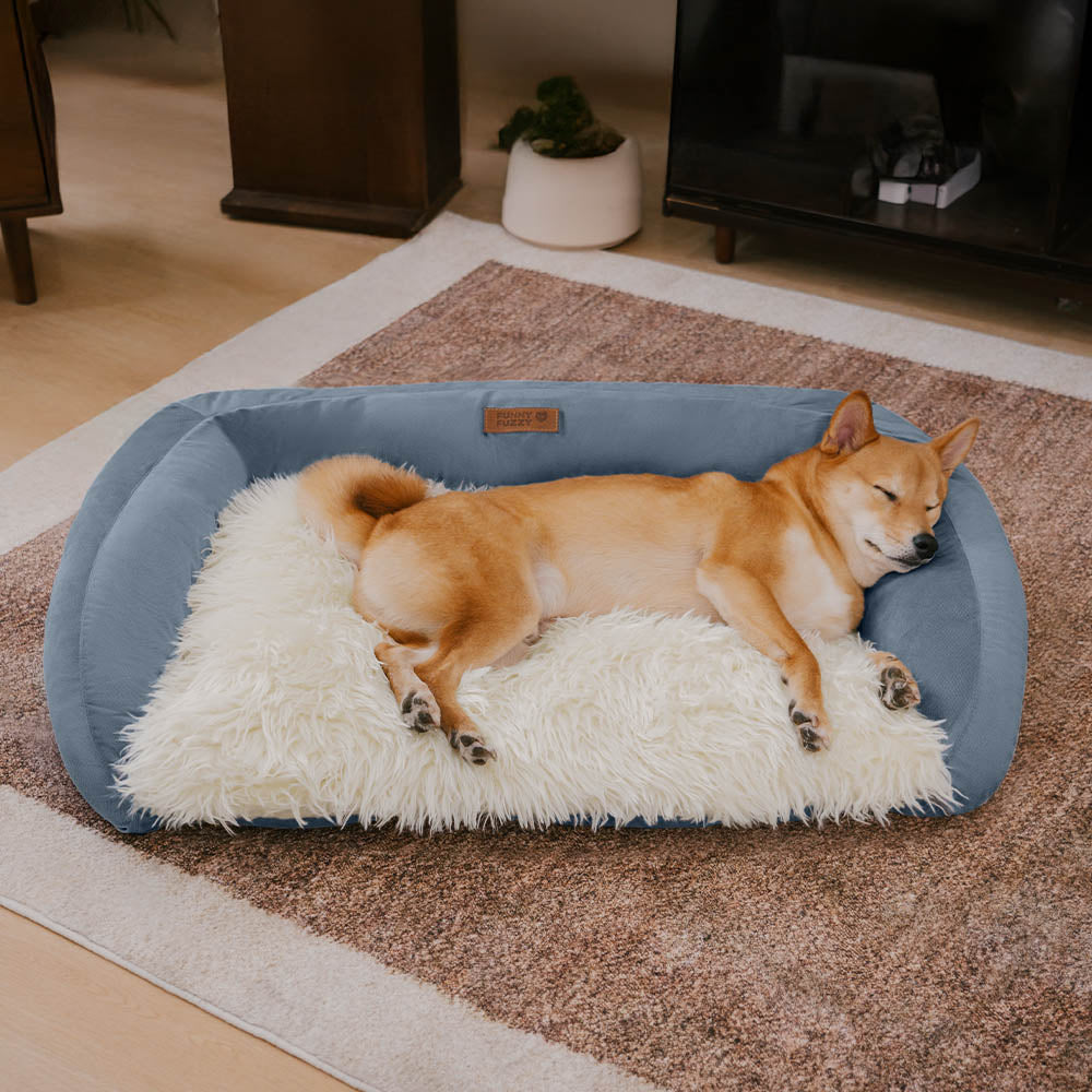 Washable large dog bed, fluffy and cozy, with a soft bolster for head and neck support.