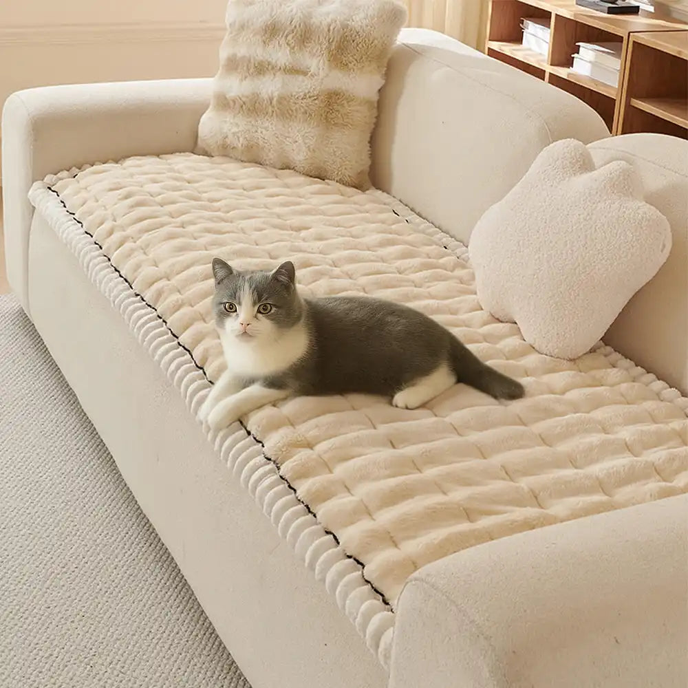 Elegant brown fluffy furniture protector for sofas, pet-friendly & machine washable.