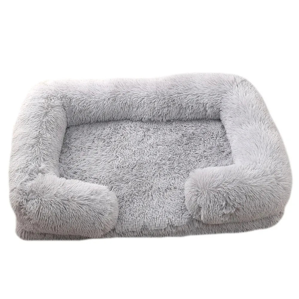 Plush grey orthopedic dog bed with bolster for joint support, washable cover, comfortable pet supplies