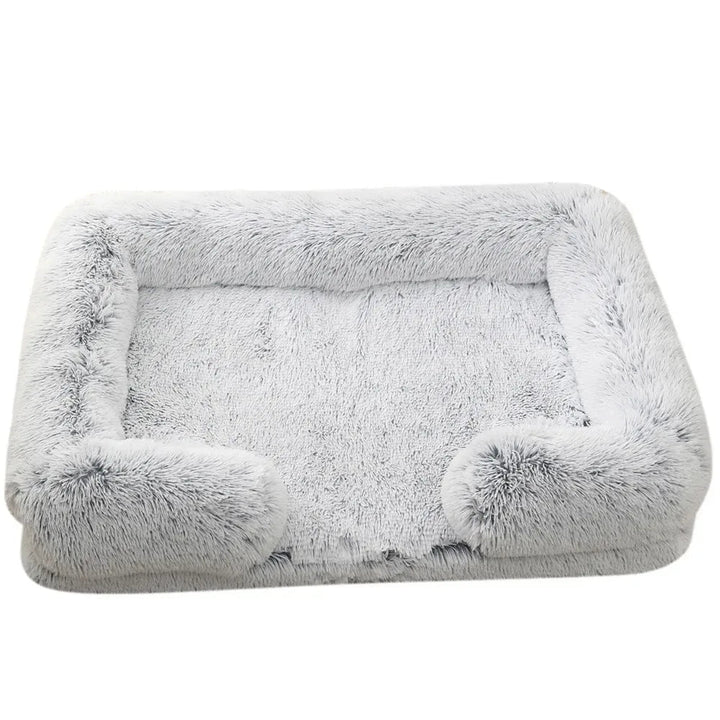 Washable grey orthopedic bolster dog bed, provides joint support and comfort for sleeping pets