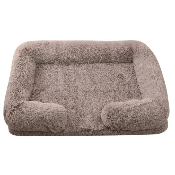 Unisex orthopedic pet bed, plush grey with raised bolster, washable cover, ideal for dogs and cats