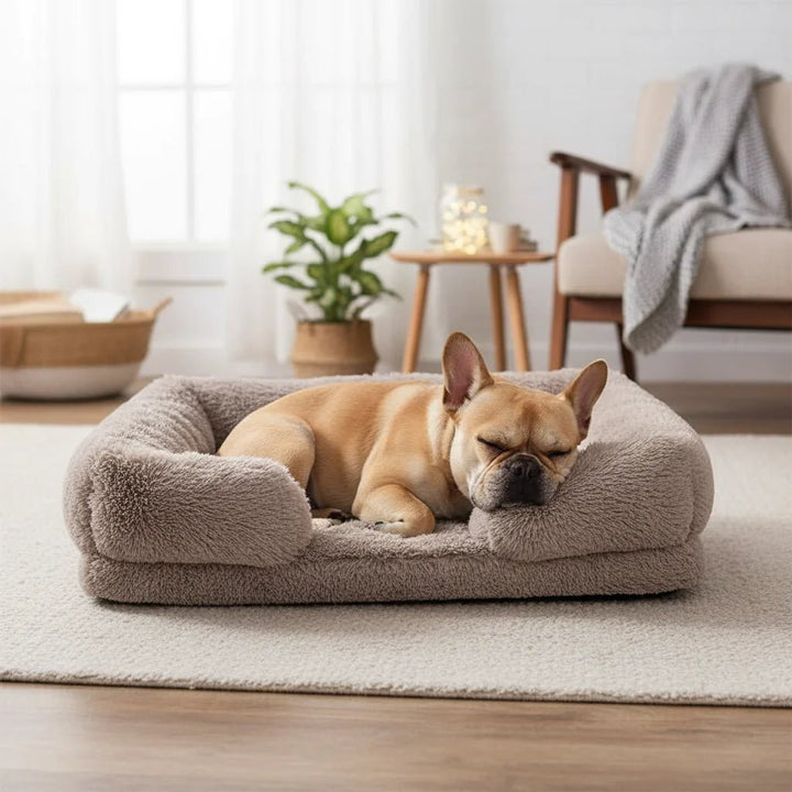 Comfortable orthopedic dog bed, grey plush, washable for easy cleaning, provides joint support