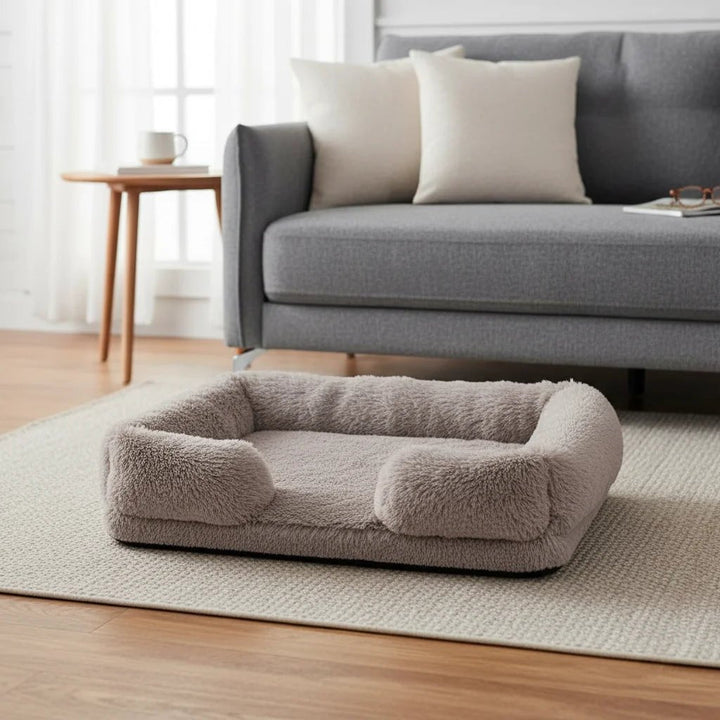 Orthopedic pet bed with soft bolster, washable cover, suitable for dogs and cats, plush grey fabric