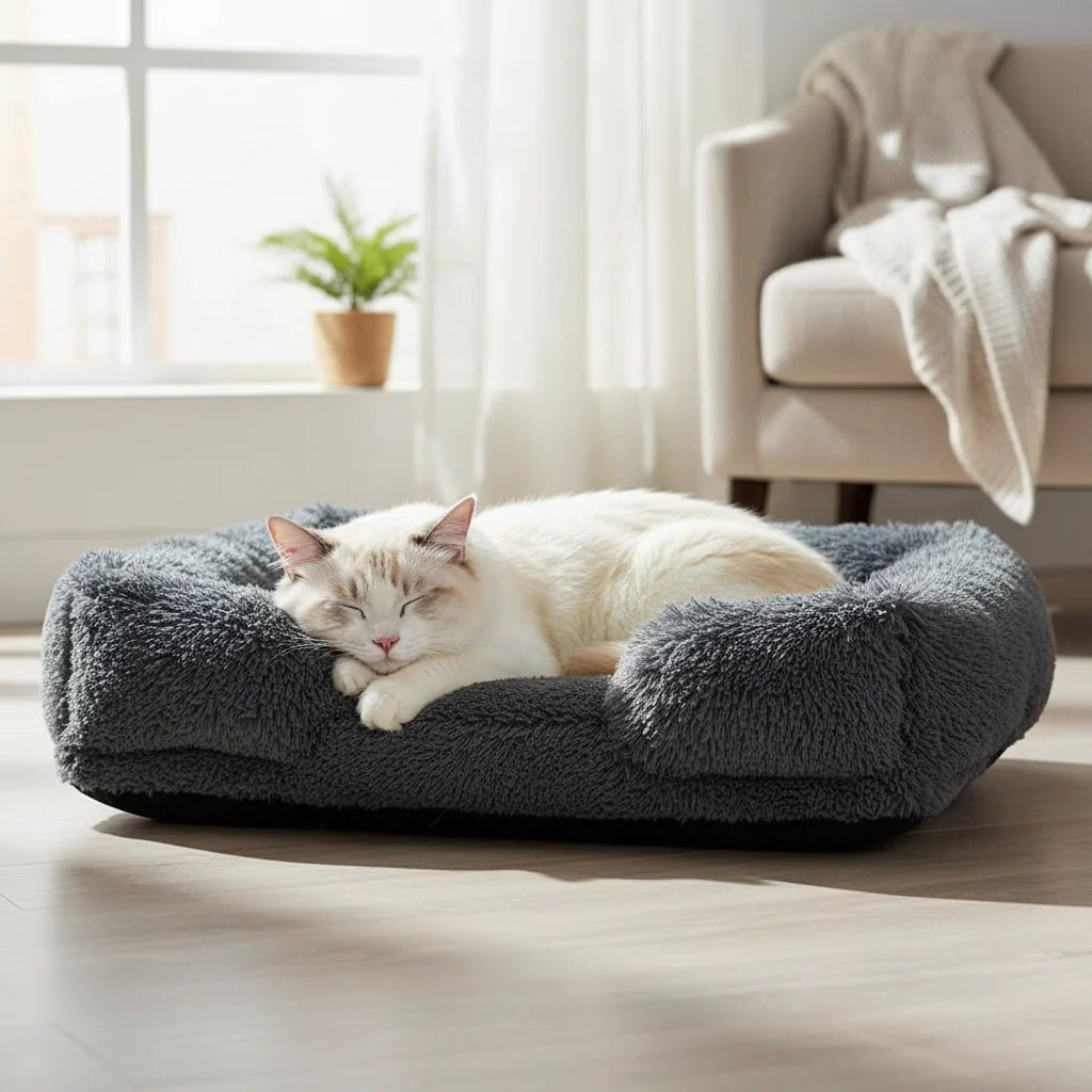 Grey plush orthopedic pet bed with removable washable cover, bolster design for comfort