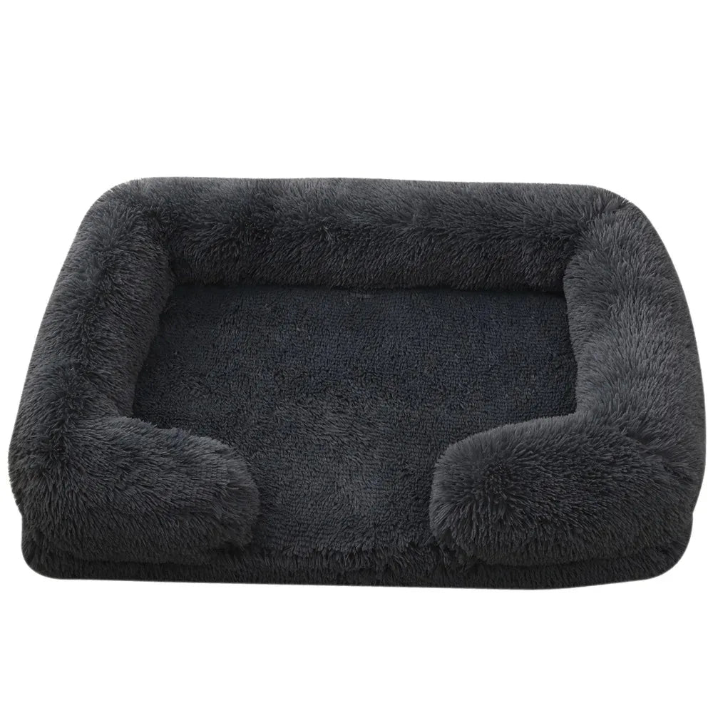 Close-up of plush grey fabric on orthopedic pet bed, washable cover, comfortable for pets