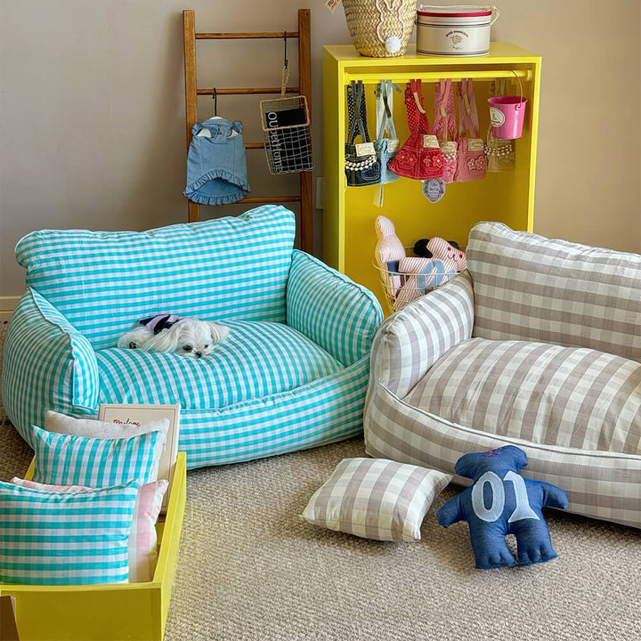 Washable pet bed, grey pet sofa for dogs and cats, anti-slip base