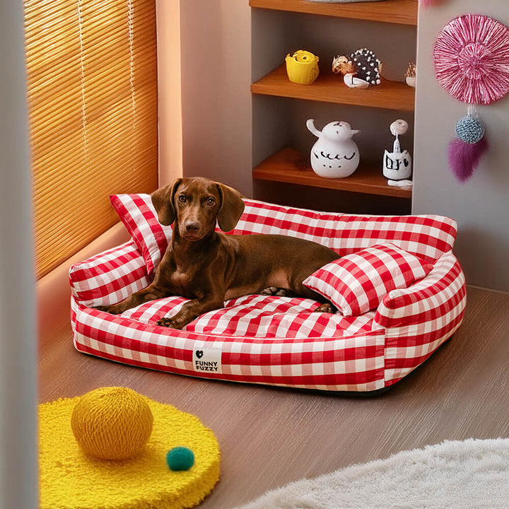 Cozy pet bed, grey fabric, anti-slip bottom for secure placement on floors