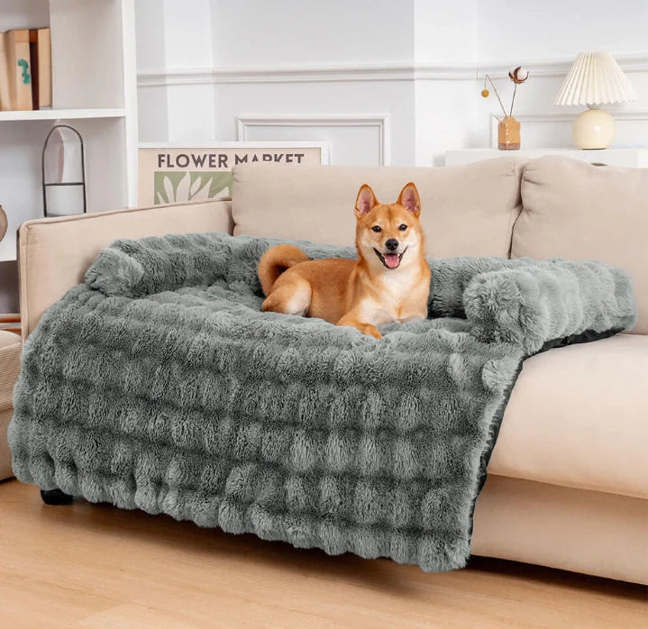Plush grey pet sofa protector and calming dog bed mat, non-slip couch cover for pet furniture