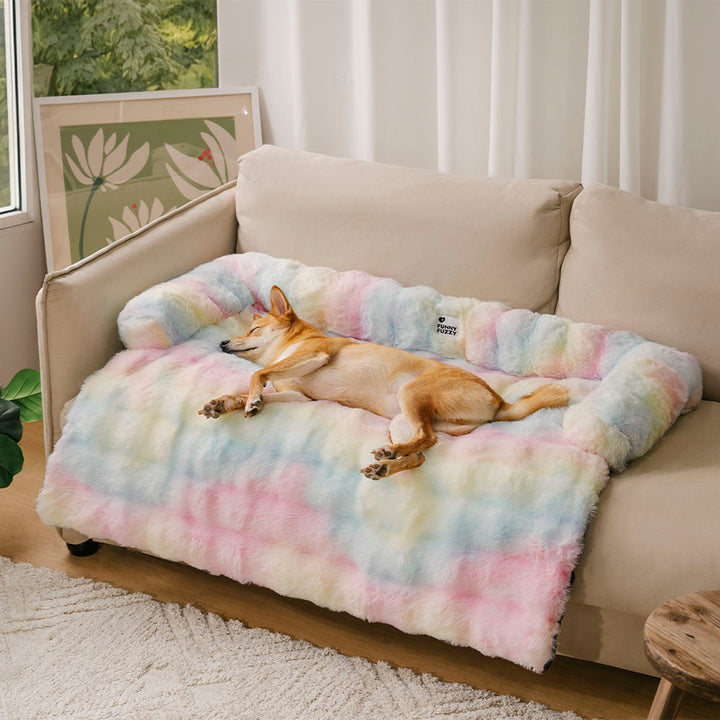 Washable calming dog bed mat and sofa protector in a laundry machine, easy-care pet furniture