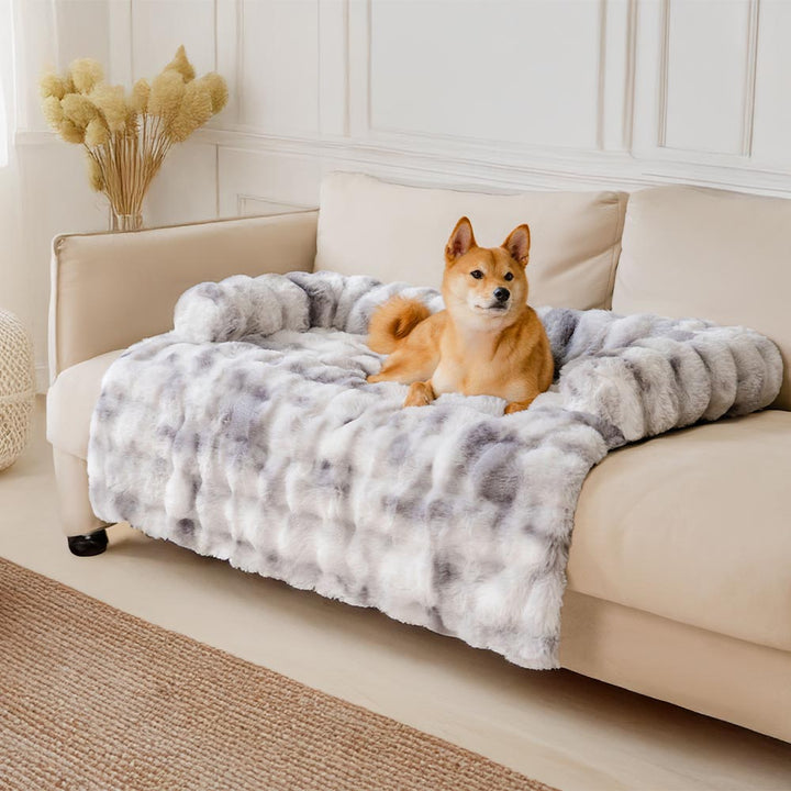 Full view of a brown pet sofa protector and calming dog bed mat on an armchair, non-slip