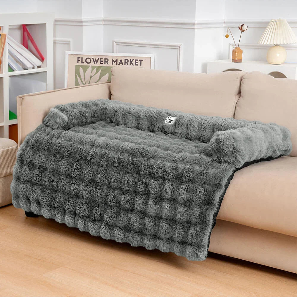 Fluffy beige pet sofa protector and calming dog mat, washable couch cover for dogs