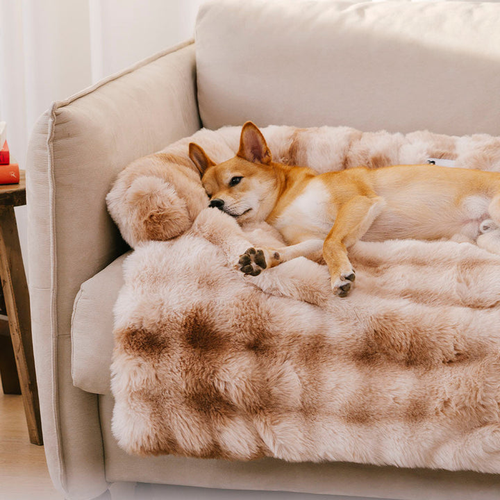 Close-up of fluffy texture on a calming dog bed mat and sofa protector, plush pet furniture cover