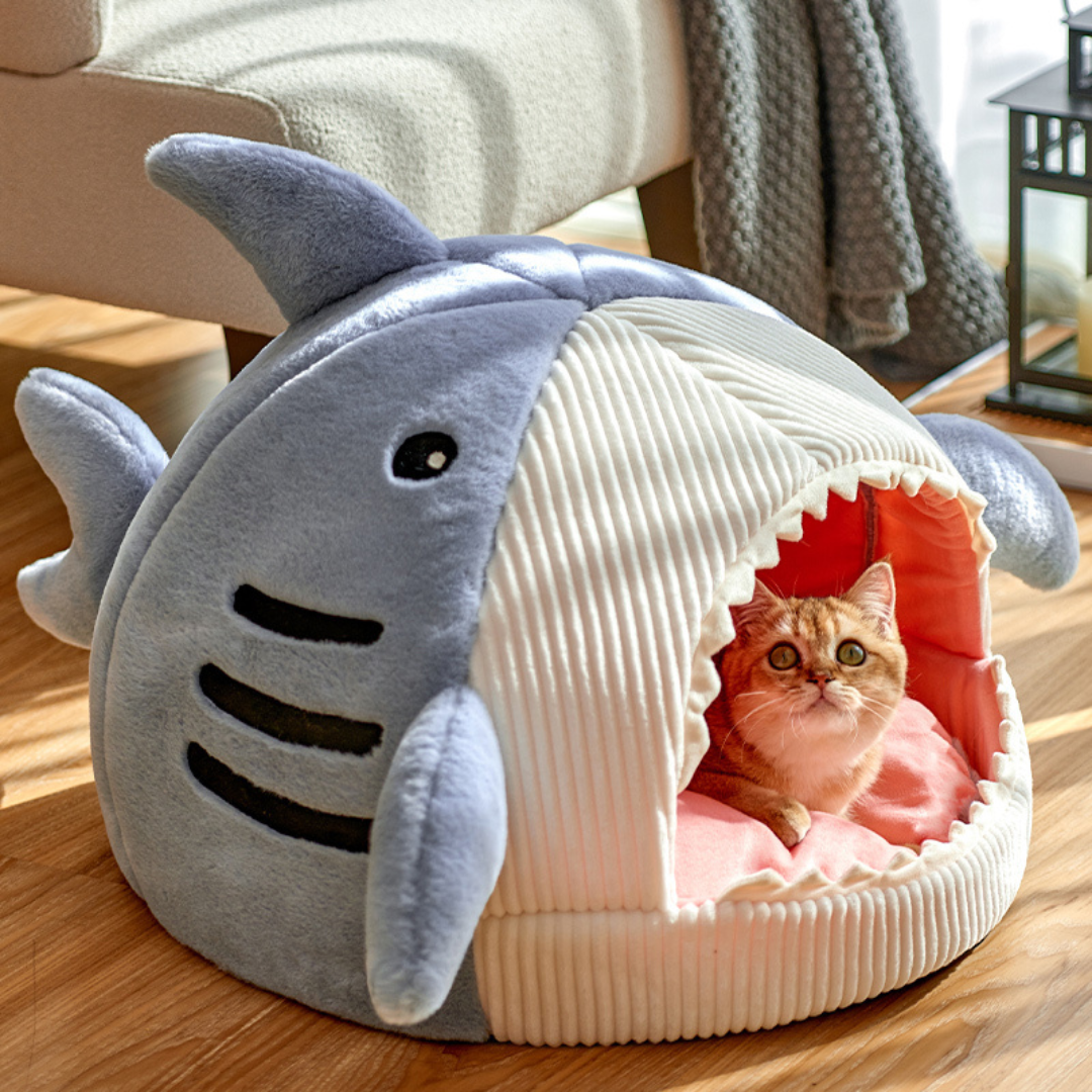 Unisex pet shark cave bed, a cute and comfy cat accessory and pet house