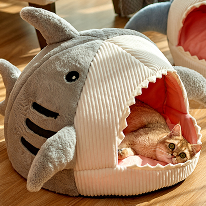 Portable grey shark cave cat bed, perfect pet furniture for small dogs and cats