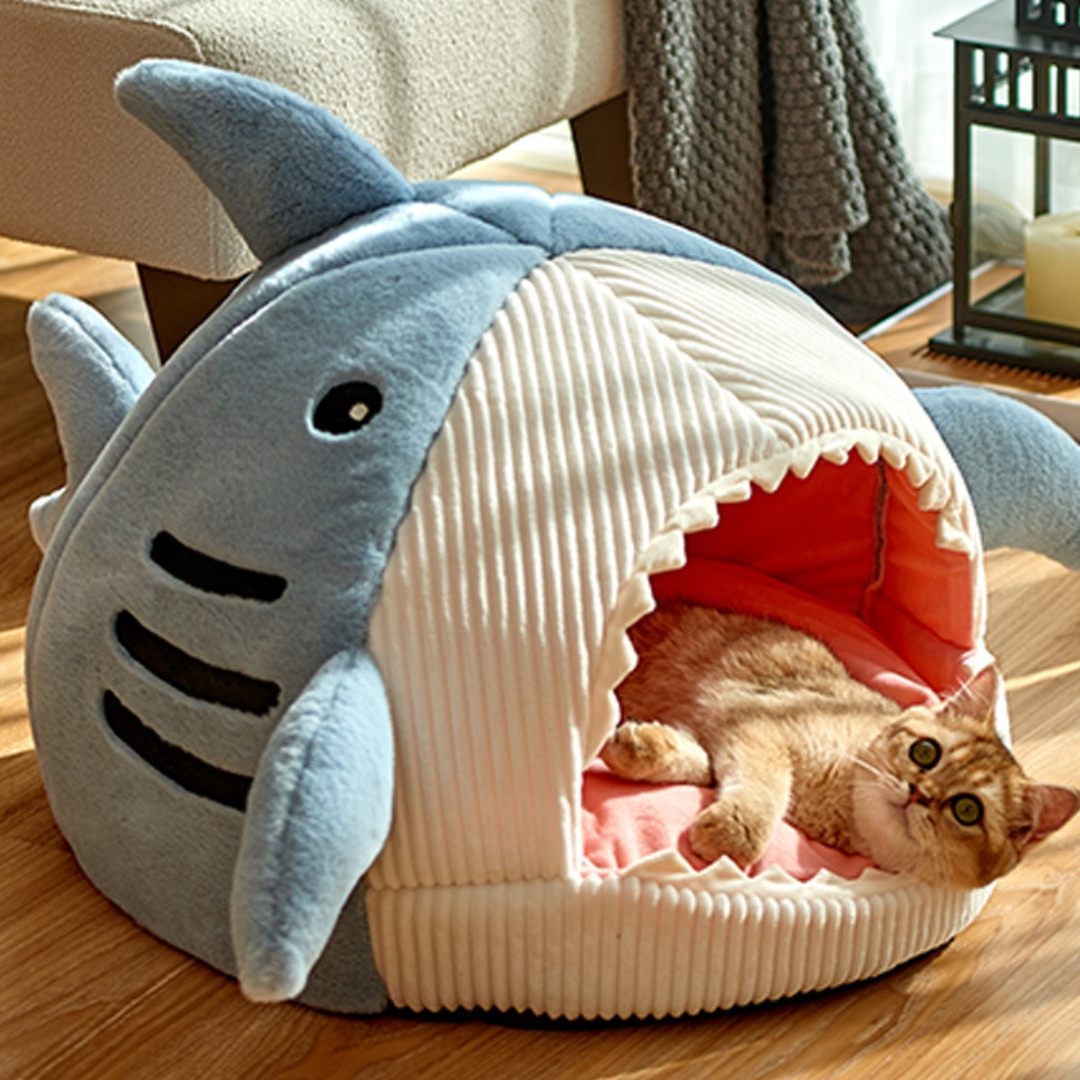 Cozy pet shark bed, an adorable cat cave design for a warm and secure sleep