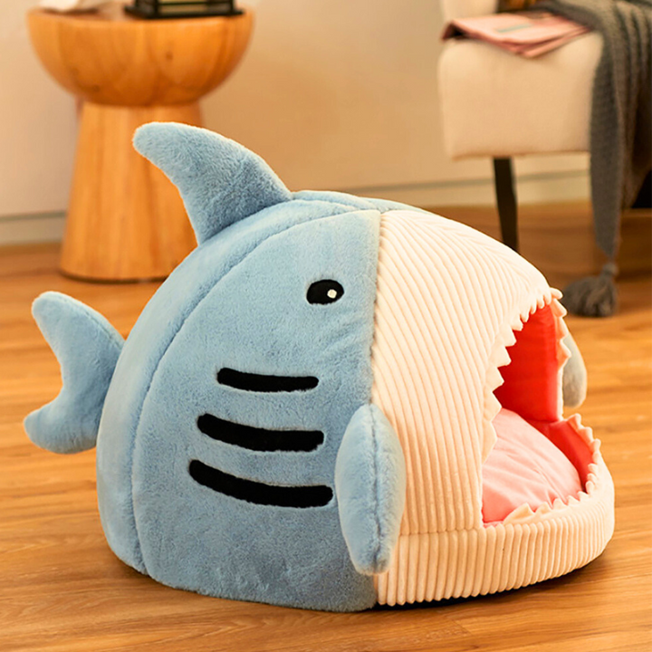 Stylish shark pet bed, a unique cat house with a soft, inviting fabric