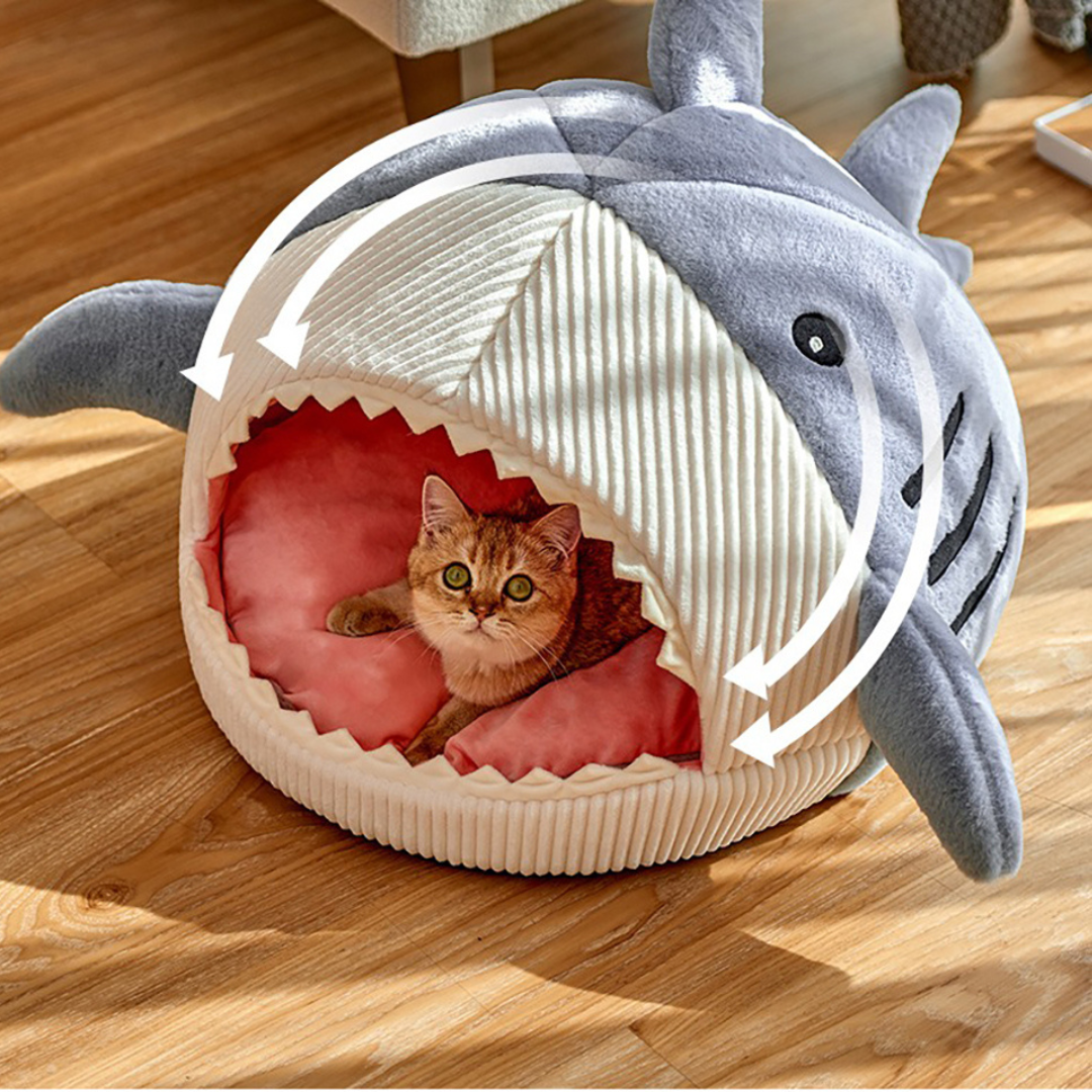 Durable pet accessory: shark cave cat bed providing a cozy, enclosed space