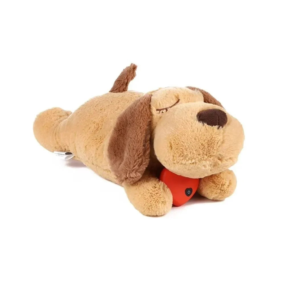 Plush heartbeat dog toy providing anxiety relief for pets, a soft comfort toy for stress reduction.
