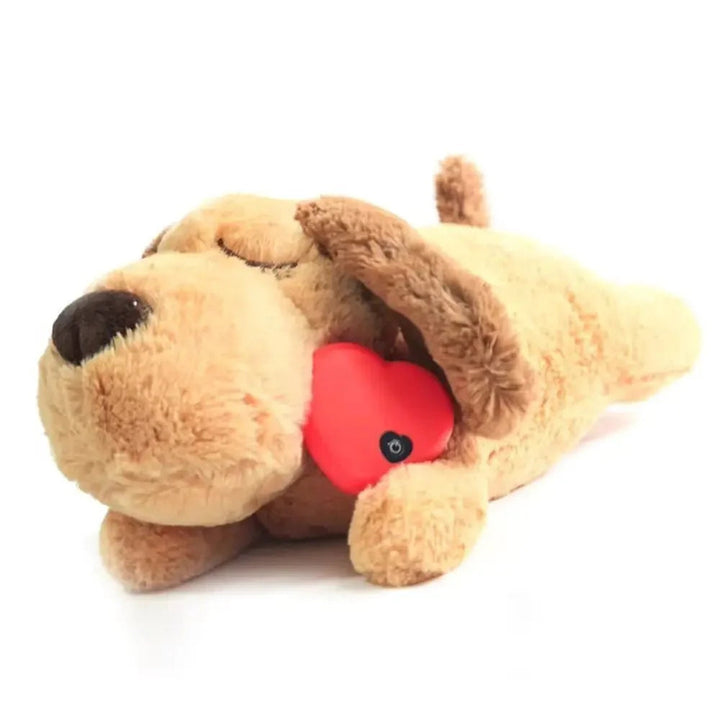 Close-up of heartbeat stuffed dog toy, a pet training aid designed for anxiety and comfort.