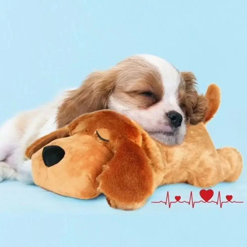 Soft, cuddly heartbeat dog toy, ideal for pet anxiety relief and promoting calm behavior.