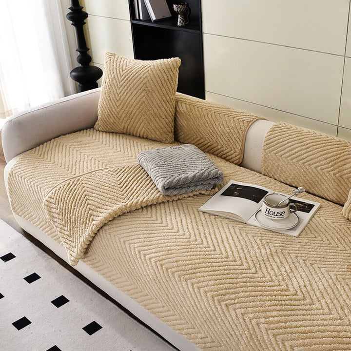 Stylish plush herringbone cushion cover, providing comfort and a chic home accent