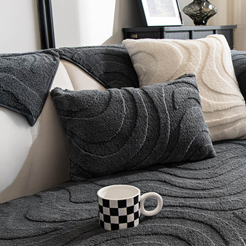 Beige non-slip sofa cover with luxurious plush jacquard fabric, easy to clean.