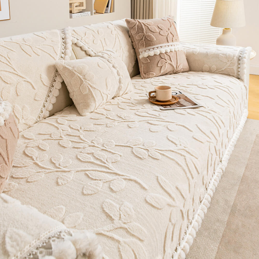 Durable couch cover plush jacquard, non-slip, featuring an appealing natural branch design.