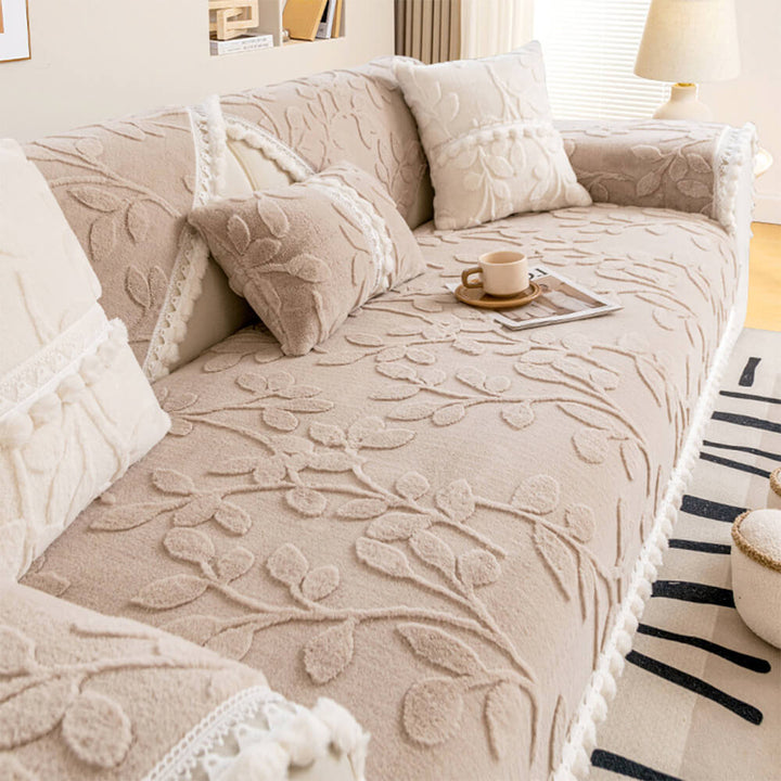Plush jacquard sofa cover, non-slip with an elegant branch pattern, protects and beautifies furniture.