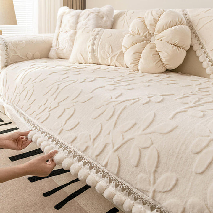 Couch protector: plush jacquard non-slip cover, brown branch pattern, enhancing living room decor.