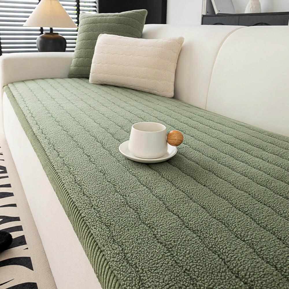 Warm and inviting living space with a plush lambskin feel furniture protector as a focal point