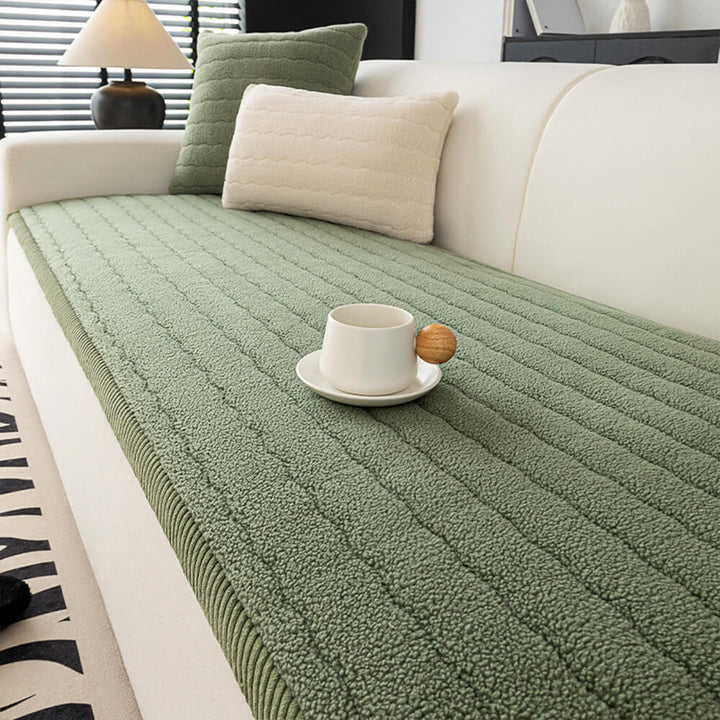 Warm and inviting living space with a plush lambskin feel furniture protector as a focal point