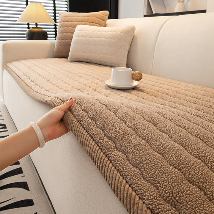 Close-up of plush lambskin feel sofa cover texture, showcasing its luxurious softness