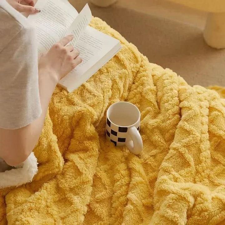 Soft, plush lambswool blanket, ideal for bedroom warmth. Reversible cozy throw, easy care home decor.