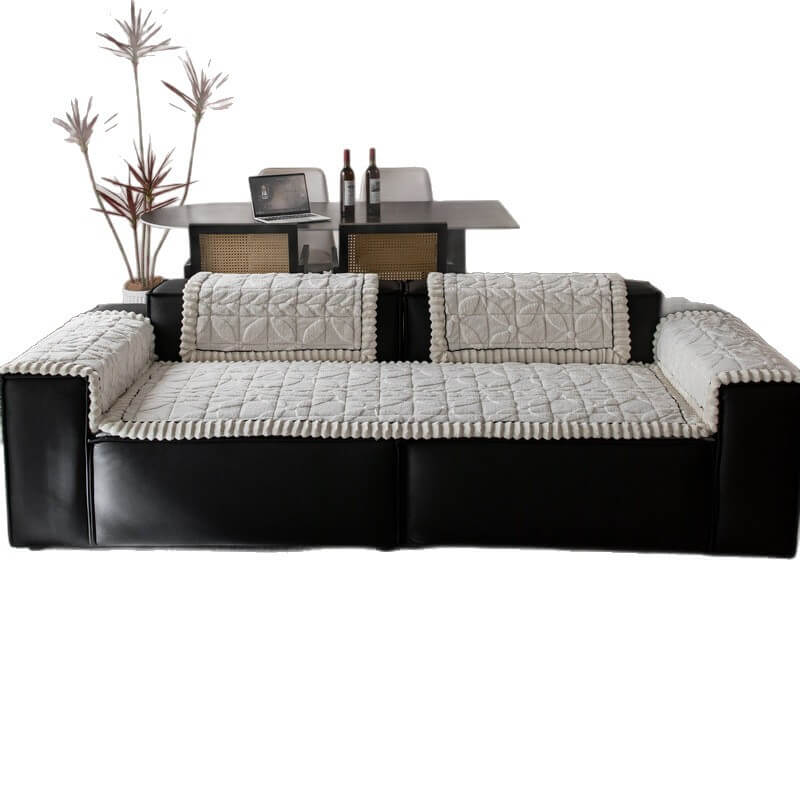 Pet-friendly plush leaf pattern sofa cover, non-slip & durable for active living rooms