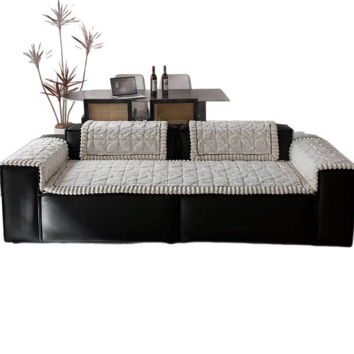 Pet-friendly plush leaf pattern sofa cover, non-slip & durable for active living rooms
