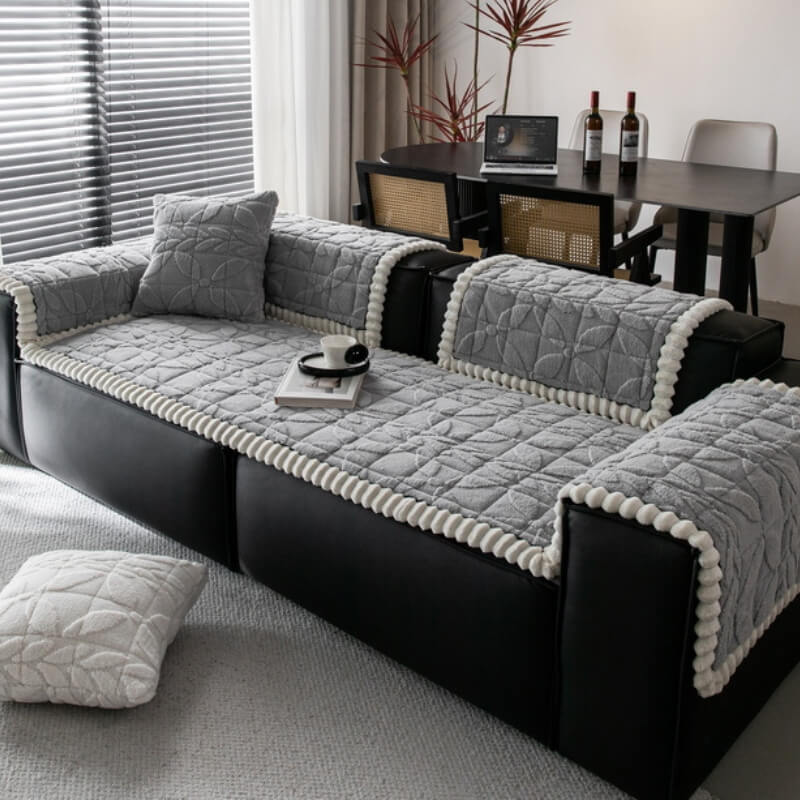 Unisex thickened sofa cover with plush leaf pattern, scratch resistant & non-slip home decor
