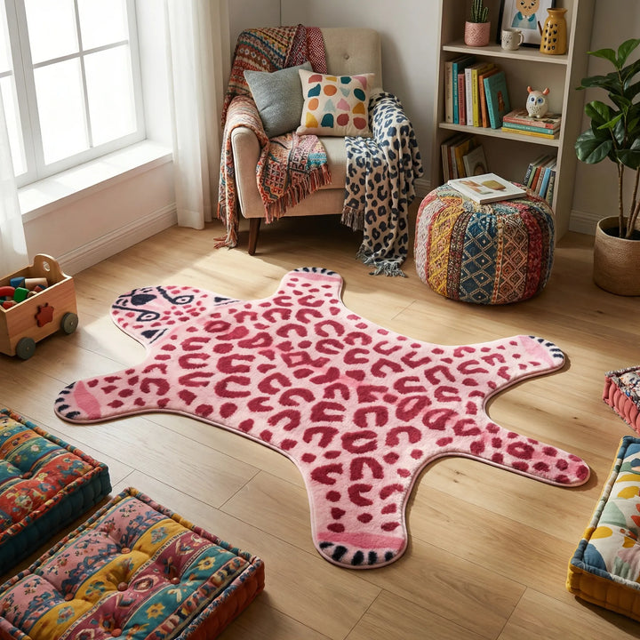 Plush leopard print animal shaped accent rug with pink spots, perfect for a cozy bedroom or stylish playroom decor.