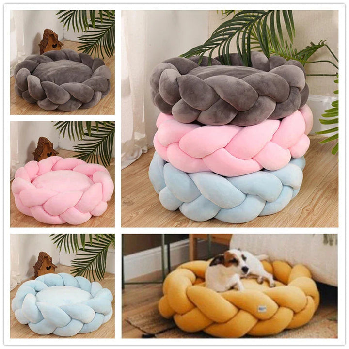 Comfortable dog bed, bolster style with elegant braided edges, ideal for any pet.