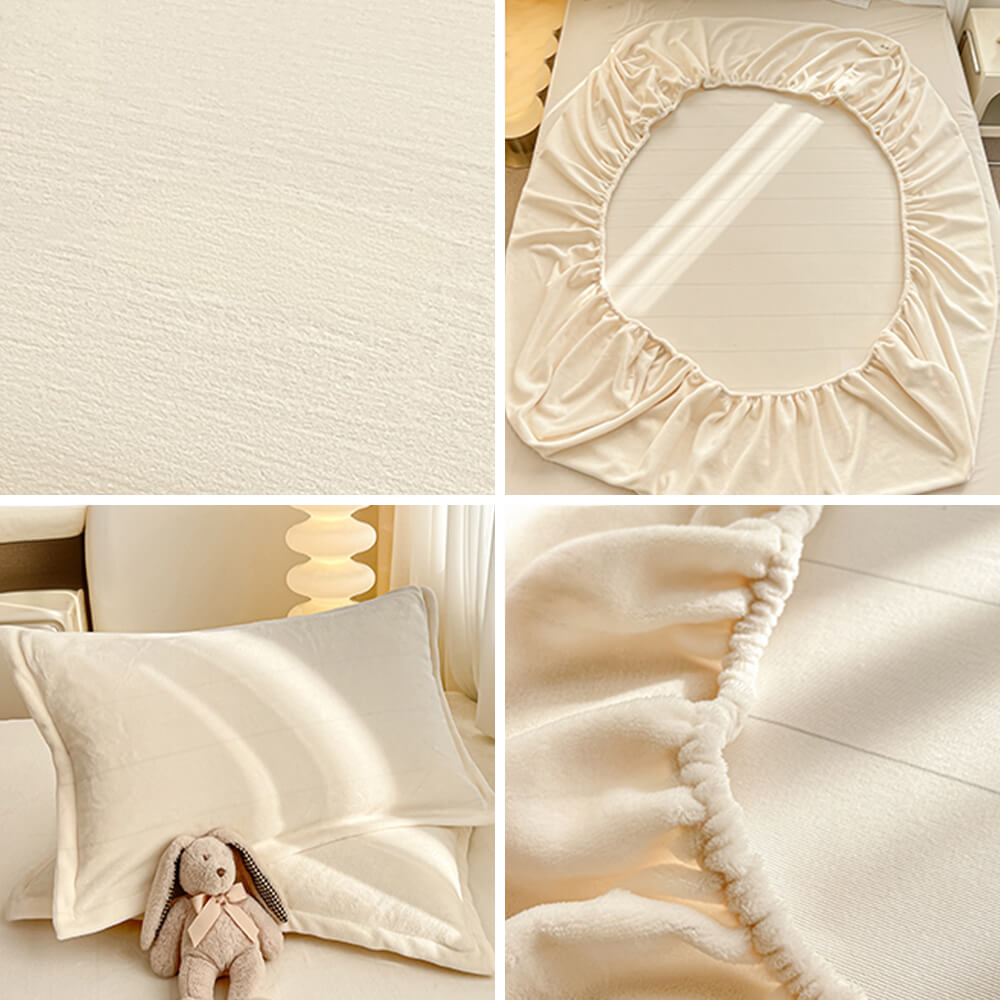 Close-up of the smooth texture of a milk velvet fitted sheet, enhancing bedroom comfort.