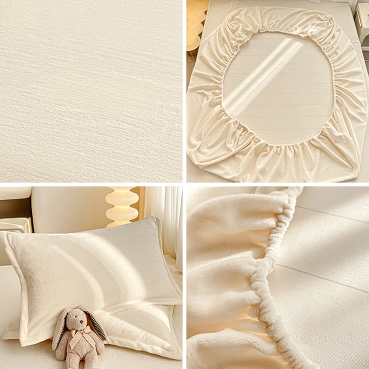 Close-up of the smooth texture of a milk velvet fitted sheet, enhancing bedroom comfort.